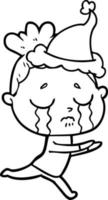 line drawing of a crying woman wearing santa hat vector