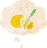 cartoon sliced lemon and thought bubble in retro textured style vector