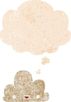 cartoon tiny happy cloud and thought bubble in retro textured style vector