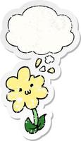 cartoon flower and thought bubble as a distressed worn sticker vector