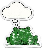 cute cartoon frog and thought bubble as a distressed worn sticker vector