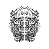 vector de arte de línea de tatuaje de cabeza de dragón chino