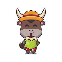 Cute bull cartoon mascot character drink coconut vector