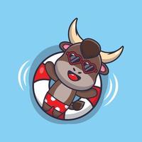 lindo personaje de mascota de dibujos animados de toro nadar en la playa en boya vector