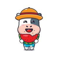 Cute cow cartoon mascot character eat fresh watermelon