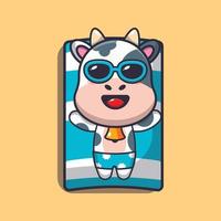 lindo personaje de mascota de dibujos animados de vaca dormir en la playa vector