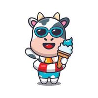 lindo personaje de mascota de dibujos animados de vaca con helado en la playa vector