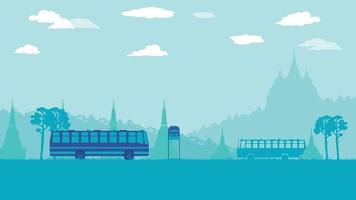 flat cartoon of public bus and bus stop sign and pagoda at Thailand vector