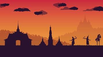 silhouette of traditional Thai Dance and pagoda and temple at Thailand on gradient background vector