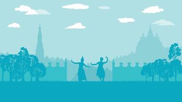 flat cartoon of traditional Thai Dance and wall ancient temple vector