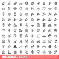 100 animal icons set, outline style vector