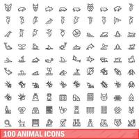 100 animal icons set, outline style vector