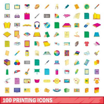 100 printing icons set, cartoon style