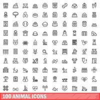 100 animal icons set, outline style vector