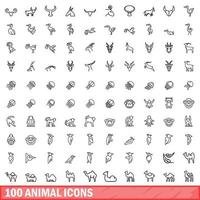 100 iconos de animales, estilo de esquema vector