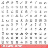 100 iconos de animales, estilo de esquema vector