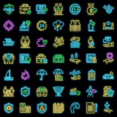 Family travel insurance icons set vector neon