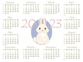 calendario 2023 con signo del zodíaco, año del conejo, con lindo conejo blanco caricaturizado vector