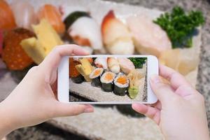 Taking photo of Japanese sushi set