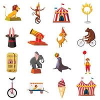 Circus symbols icons set, cartoon style vector