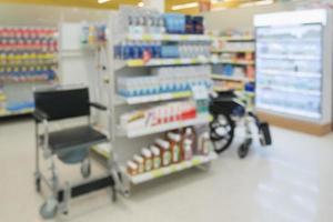 wheelchair for sell in pharmacy drugstore shop interior blur background photo