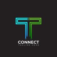 Letter T logotype green and blue color, Technology and digital abstract dot connection logo vector