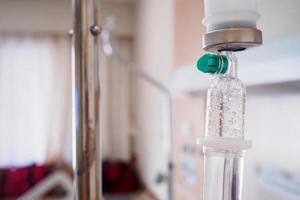 Medical drip with hospital blurred background photo