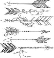 boho set of ethnic arrows with beads and feathers vector hand drawn illustration