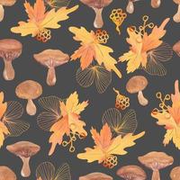 watercolor mushrooms and autumn leaves vector seamless pattern