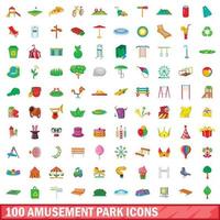 100 amusement park icons set, cartoon style vector