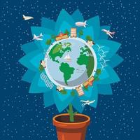 Globe gently flower ecology concept, cartoon style vector