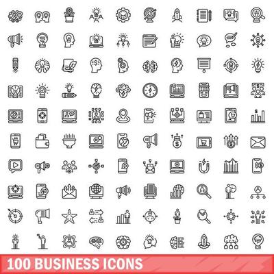 100 business icons set, outline style