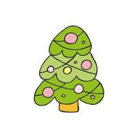 A hand-drawn christmas tree. Colored vector illustration in doodle style. Winter mood. Hello 2023. Merry Christmas and Happy New Year. Green tree with a yellow and pink toys on a white background.