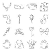 Doll princess items icons set, outline style vector