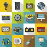 Recording studio items icons set, flat style vector