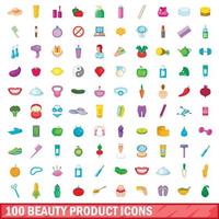 100 productos de belleza, conjunto de iconos de estilo de dibujos animados vector