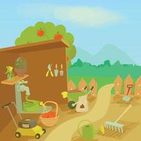 Gardening tools landscape concept, cartoon style