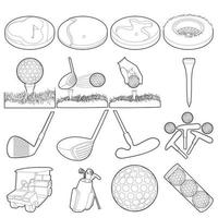 conjunto de iconos de artículos de golf, estilo de esquema