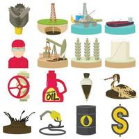 Oil and energy industry icons set, cartoon style vector