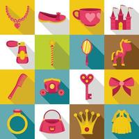 Doll princess items icons set, flat style vector