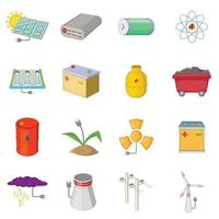 Energy sources items icons set, cartoon style