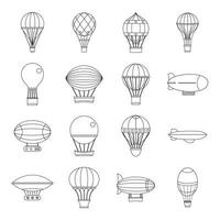 Retro balloons aircraft icons set, outline style vector