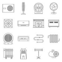 conjunto de iconos de aire de refrigeración de calefacción, estilo de esquema vector