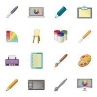 Drawing and painting tool icons set, cartoon style vector