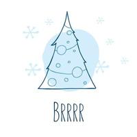 A hand-drawn christmas tree. Vector illustration in doodle style. Winter mood. Hello 2023. Merry Christmas and Happy New Year. Blue element with a snowflakes on a white background.