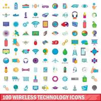 100 wireless technology icons set, cartoon style vector
