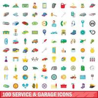 100 iconos de servicio y garaje, estilo de dibujos animados vector