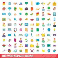 100 workspace icons set, cartoon style