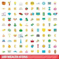 100 wealth icons set, cartoon style vector