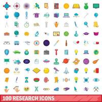 100 research icons set, cartoon style vector